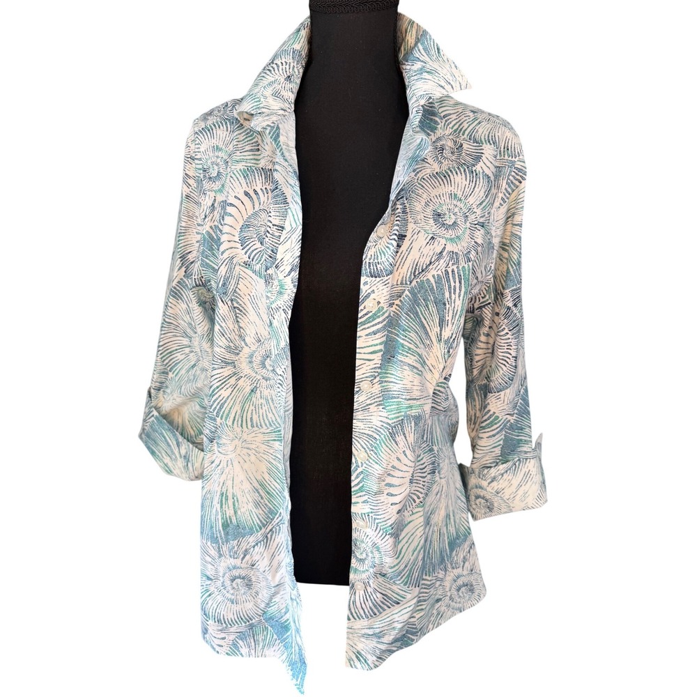 Chico's Size 2 No Iron Stretch Print Coastal Beachy Button Front Shirt (US 12)